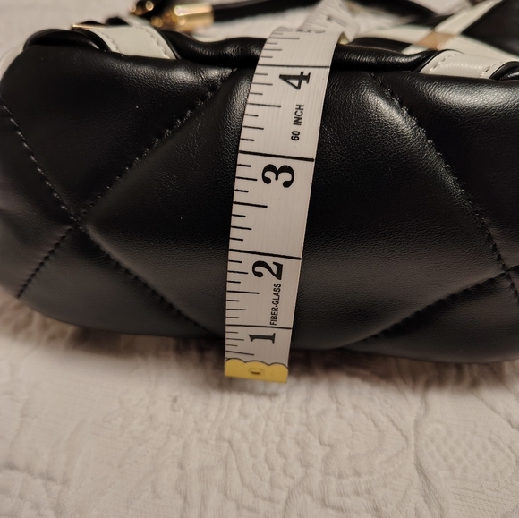 Black & White Cross-Strap Leather Shoulder Bag with Gold Accents - Picture 10 of 12